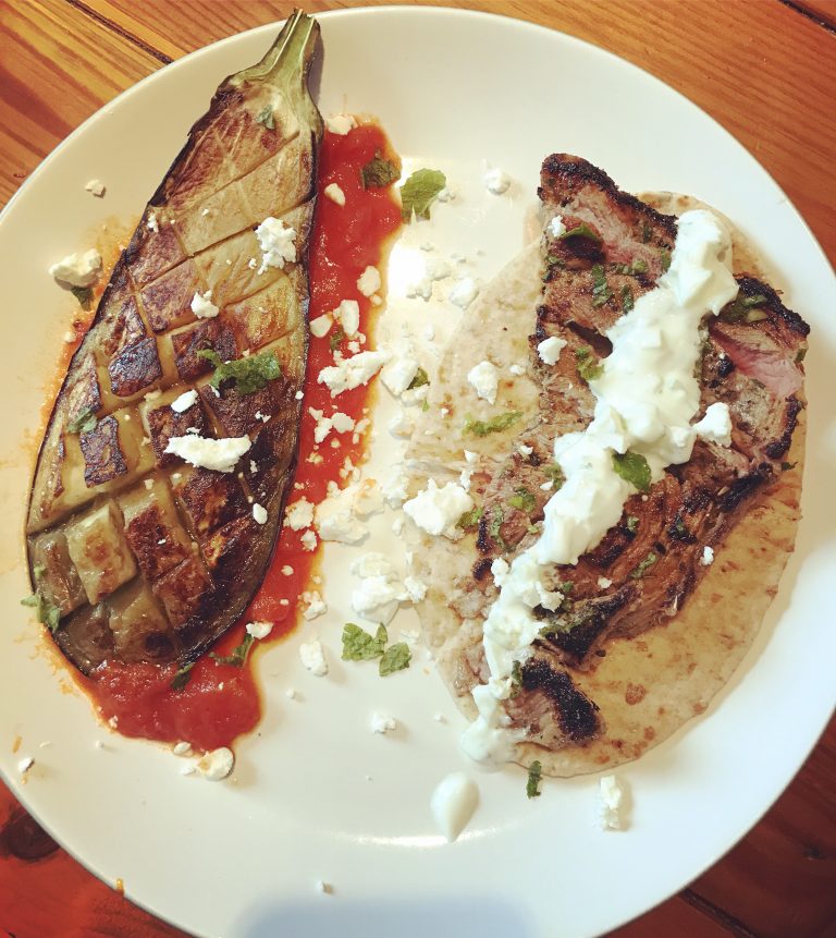 Greek Lamb with Aubergine, Tzatziki and Tomato and Garlic Sauce