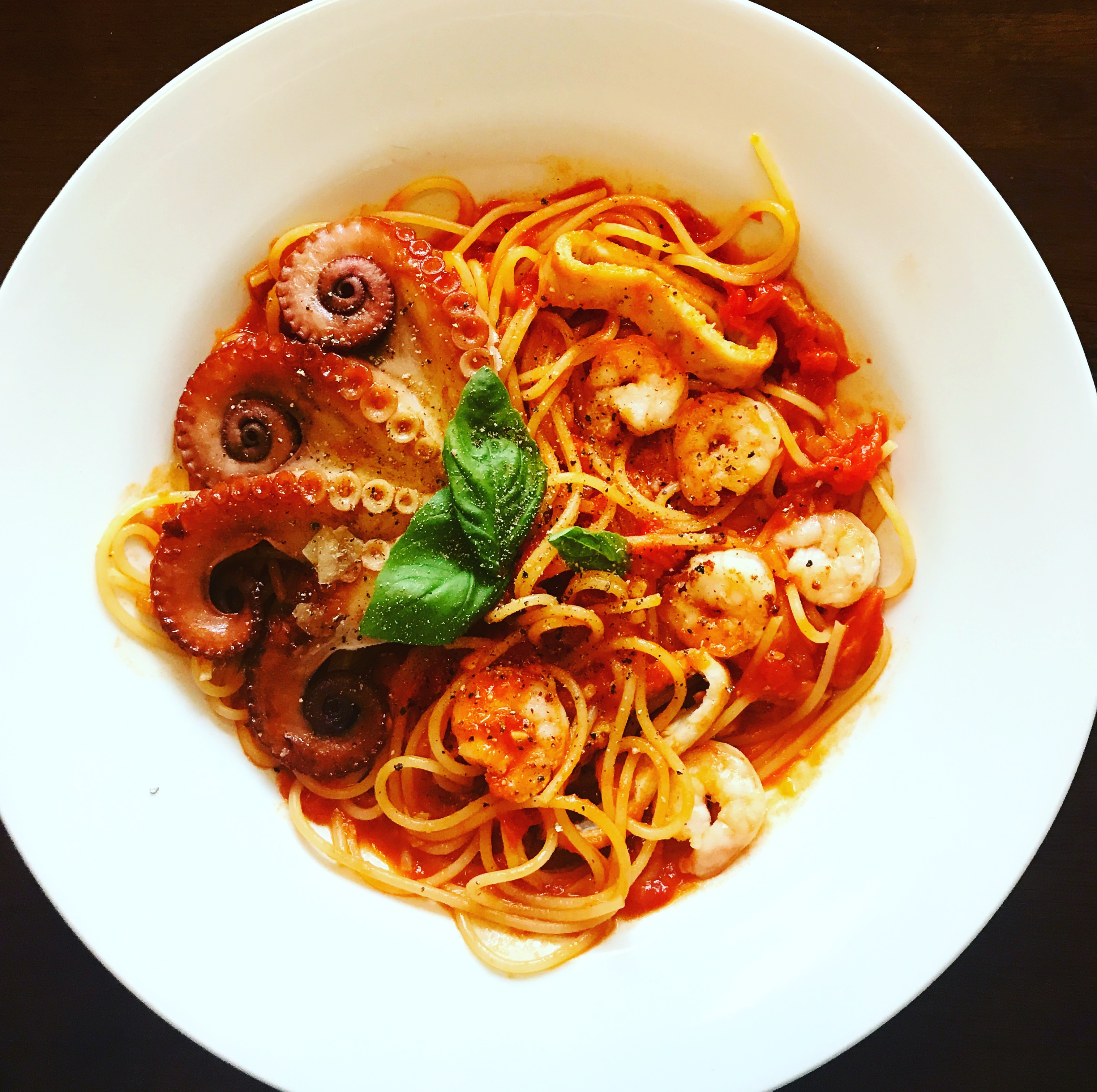 Spaghetti Arrabiata with Octopus and Prawns