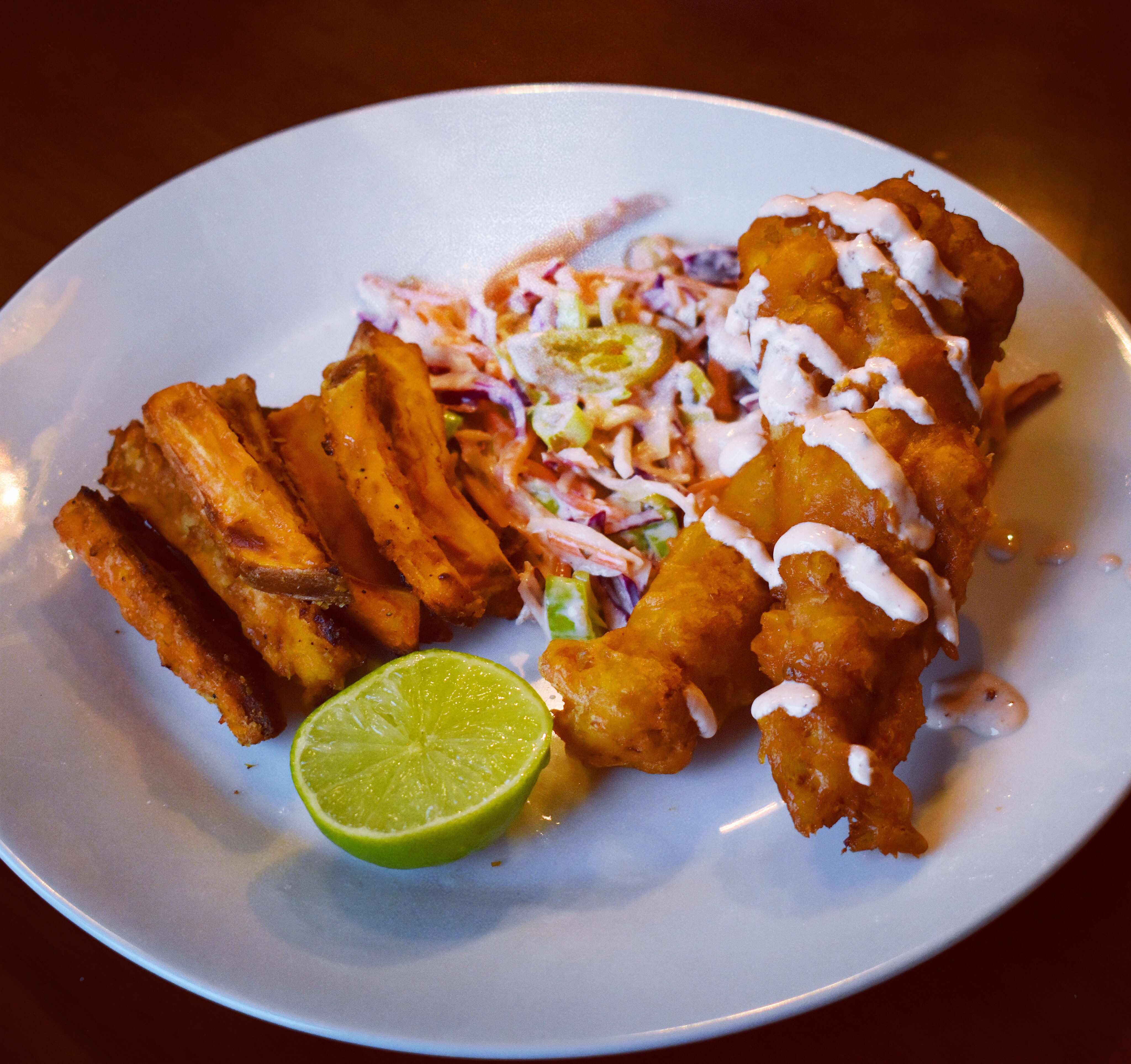 Chipotle Battered Haddock, Jalapeno Slaw and Sweet Potato Fries