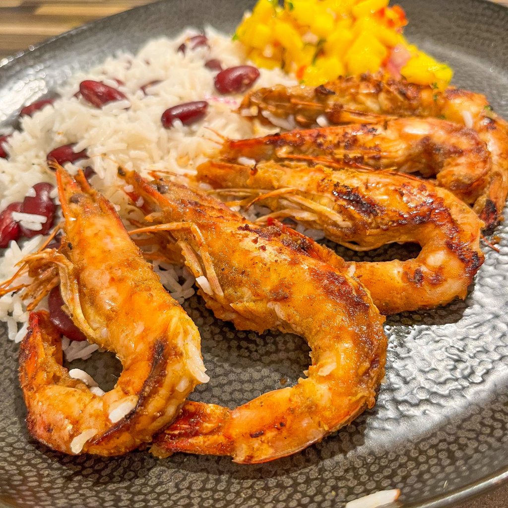 Jerk Prawns with Coconut Rice and Mango Salsa