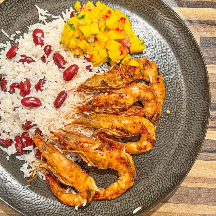 Jerk Prawns with Coconut Rice and Mango Salsa
